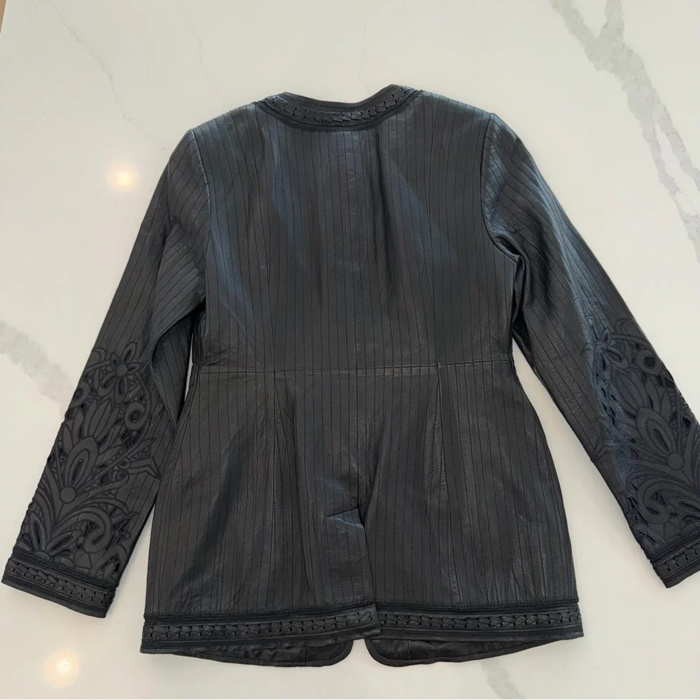 Peter Nygård Black Embroidered Lamb Leather Jacket Size 4 - Picture 6 of 9